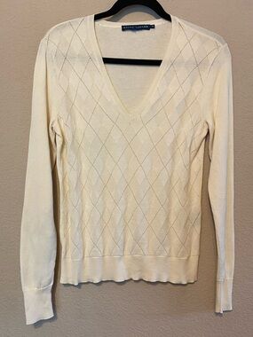 Ralph Lauren Women’s Cream V-Neck Diamond Knit Sweater Sz M Argyle Preppy Tennis